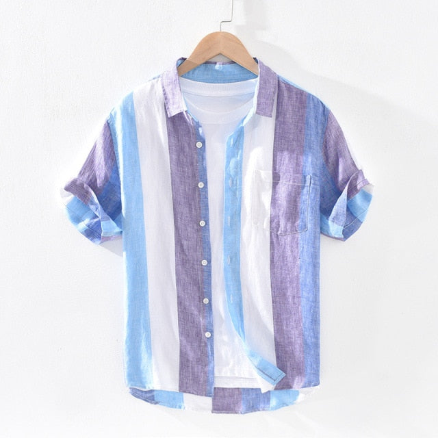 Sunset Stripe Linen Short-Sleeve Shirt - Purple/Blue