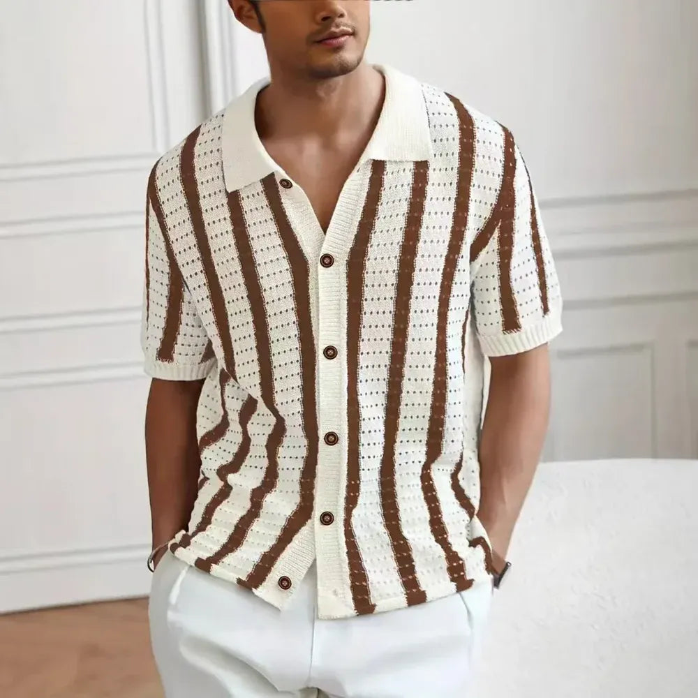 Riviera Knit Button-Up Polo - Cream/Cocoa Stripe