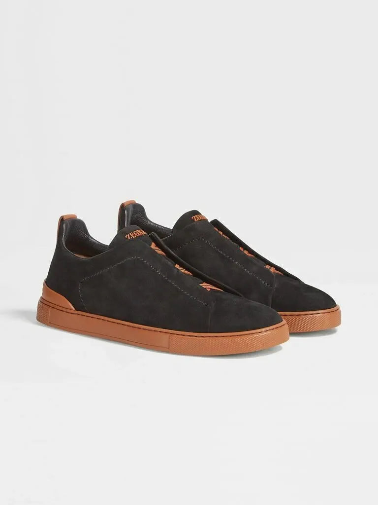 Triple Stitch Suede Leather Sneakers – Black/Brown