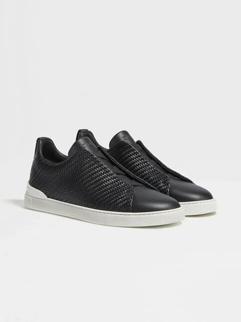 Triple Stitch Woven Leather Sneakers – Black