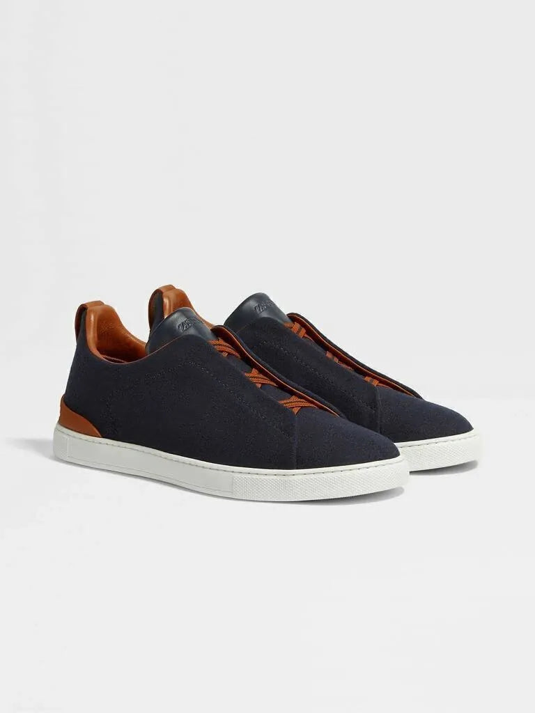 Triple Stitch Wool Leather Sneakers – Navy/Brown