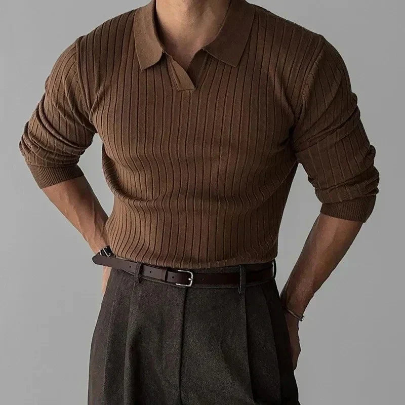 Ribbed Knit Polo - BROWN